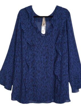 💠NEW Penningtons Sheer Ruffled Blouse Plus Size 4X Blue Black Long Sleeve Top
